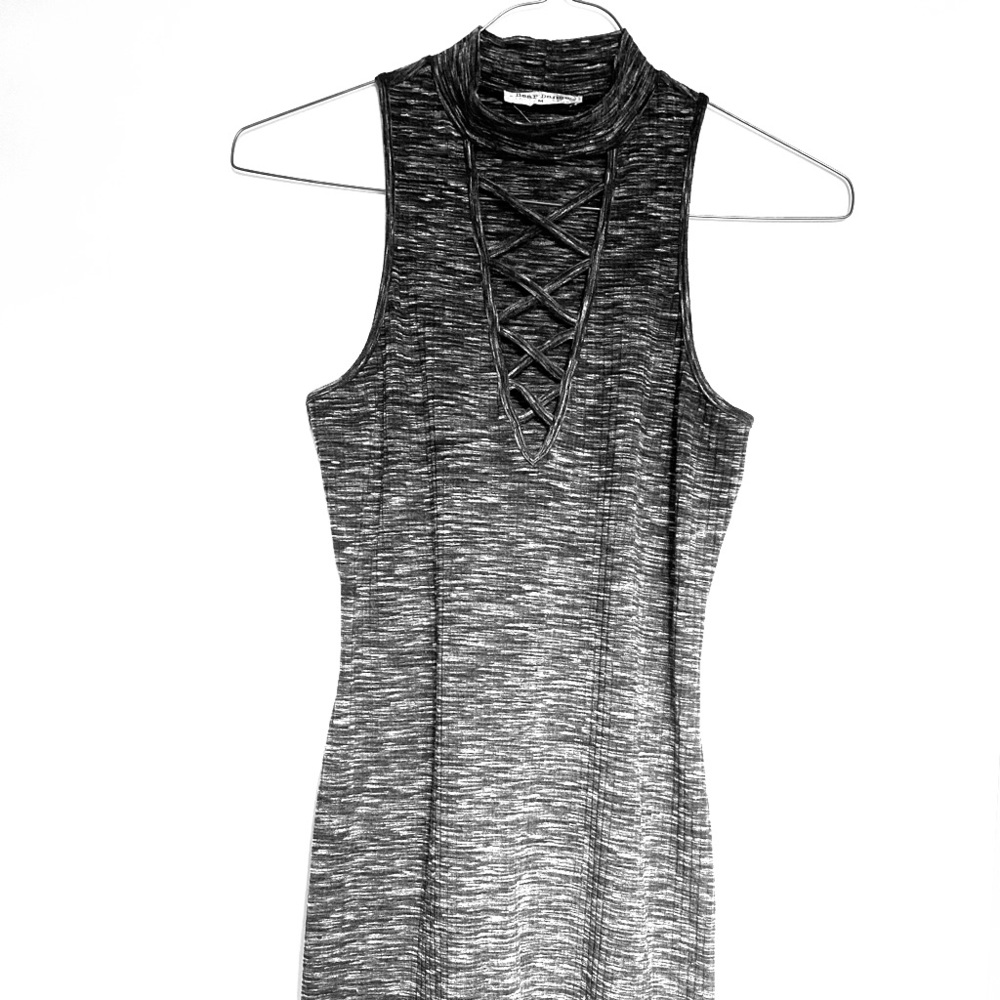 High neck, low cut with cross detail dress size M
